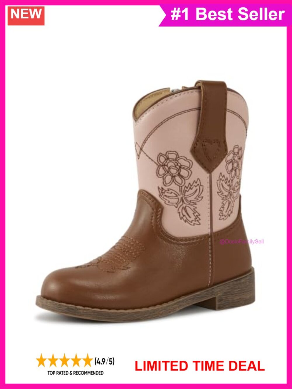 Toddler Cowboy Boots Floral Embroidered Faux Leather Side Zip Girls Western
